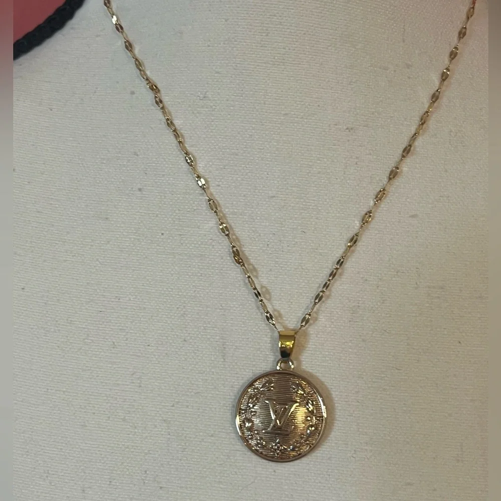 Gold Vintage LV Stamped Upcycled Charm Pendant Necklace - Picture 8 of 9